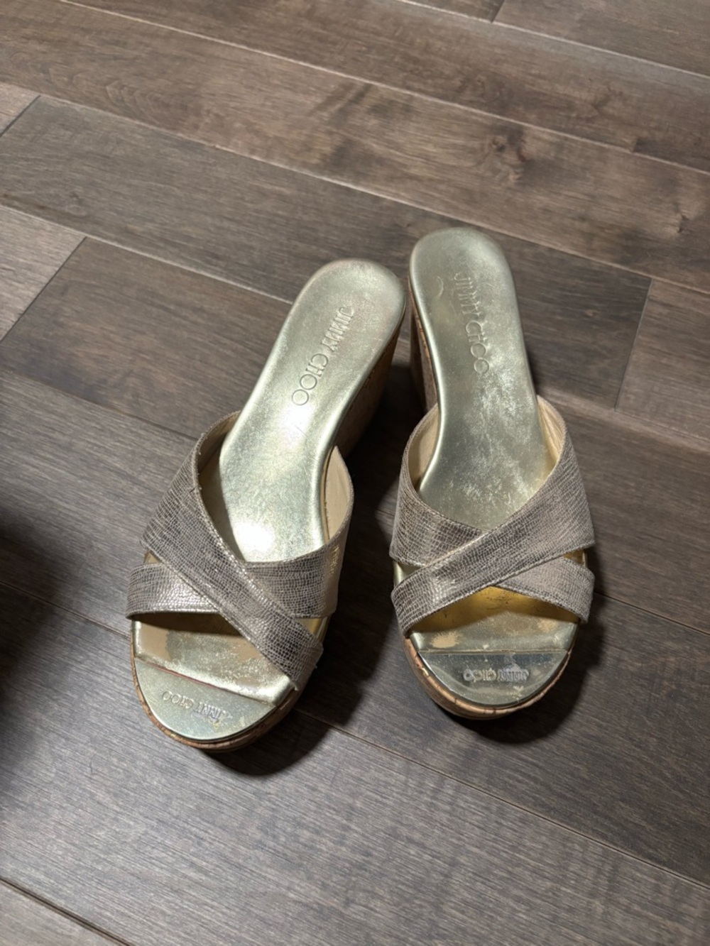 Jimmy Choo Metallic Taupe Crisscross Wedge Mules